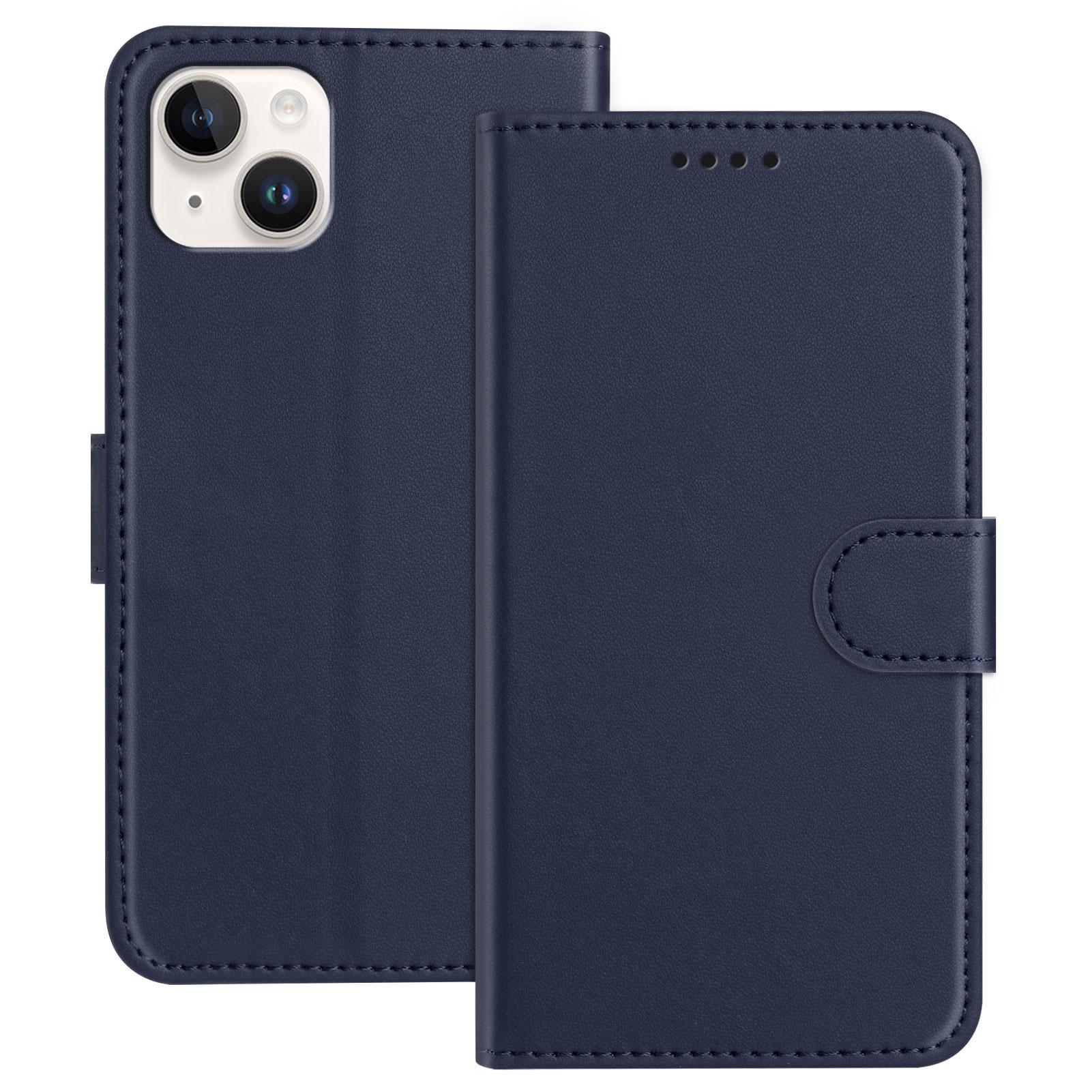 

For iPhone 15 Plus Leather Case Wallet Stand Solid Color Anti Drop Phone Cover Blue