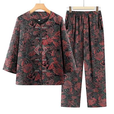 Women's Spring Floral Two-Piece Set - Mid-Sleeve Top and Pants for Middle-Aged and Elderly