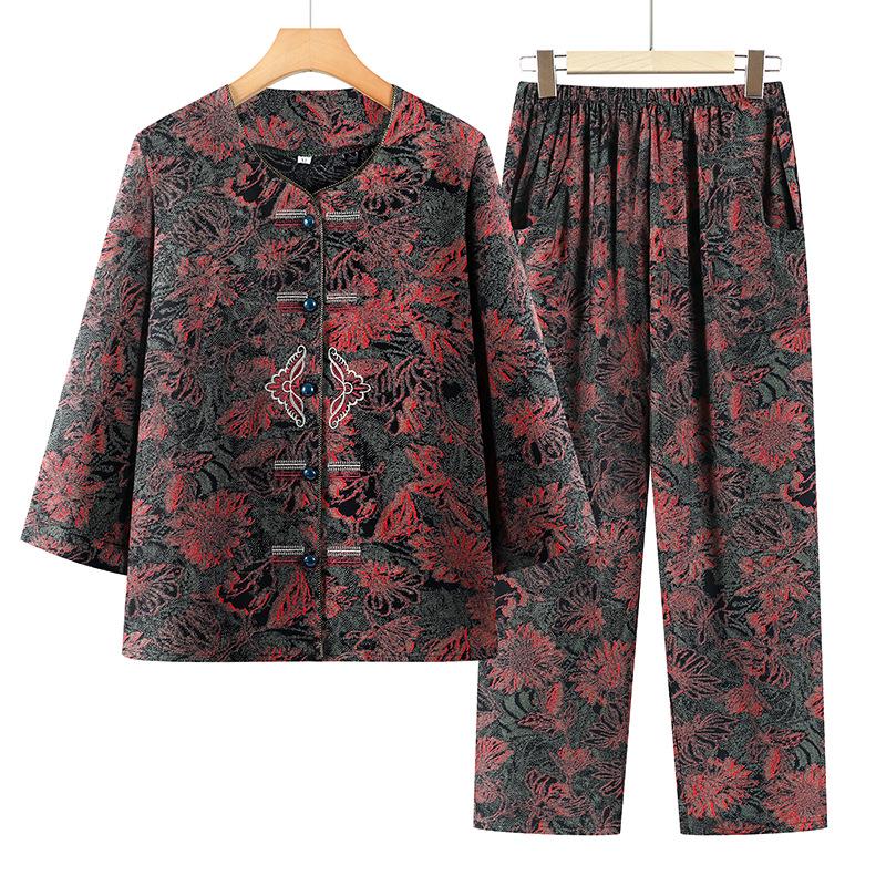 

Women s Spring Floral Two-Piece Set - Mid-Sleeve Top and Pants for Middle-Aged and Elderly 2XL (100-115 jin) красный