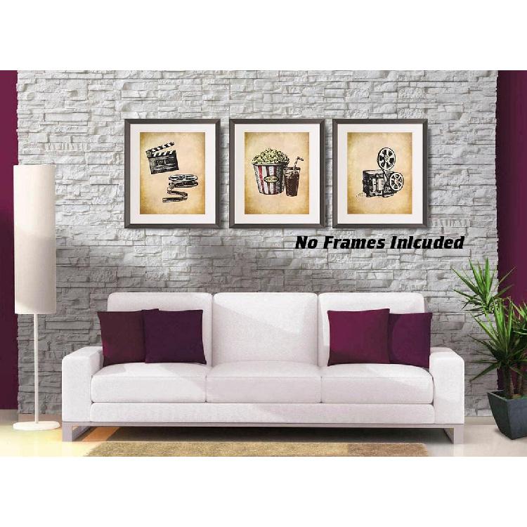 Vintage Movie Theater Wall Art, Home Theatre Feature Canvas Decor, Classic Film Reel Cinema Popcorn Posters, Retro Home Movie Theater Media Room Bar
