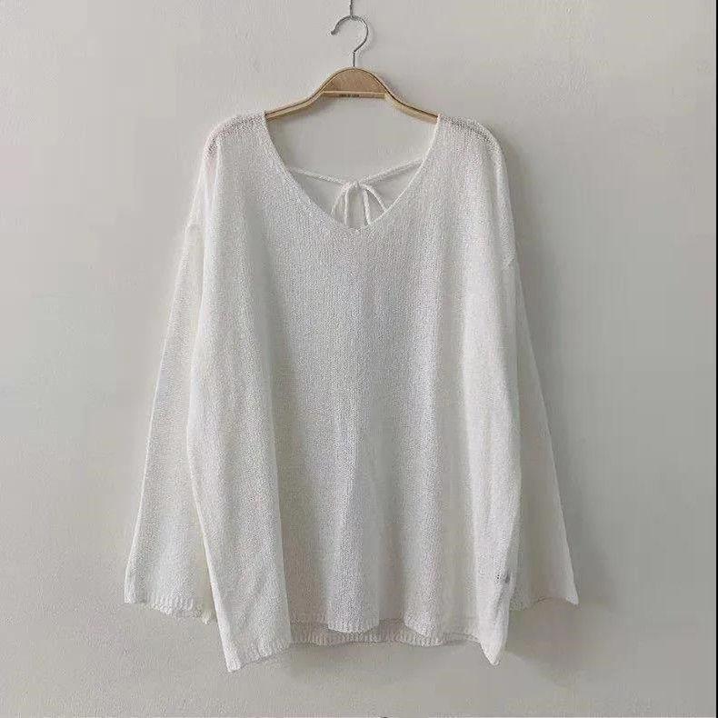 

Вязаная блузка без спины большого размера для кондиционирования воздуха, свободная, с V-образным вырезом, осенне-летняя, тонкий стиль, дизайнерская, солнцезащитная, женский топ S белый