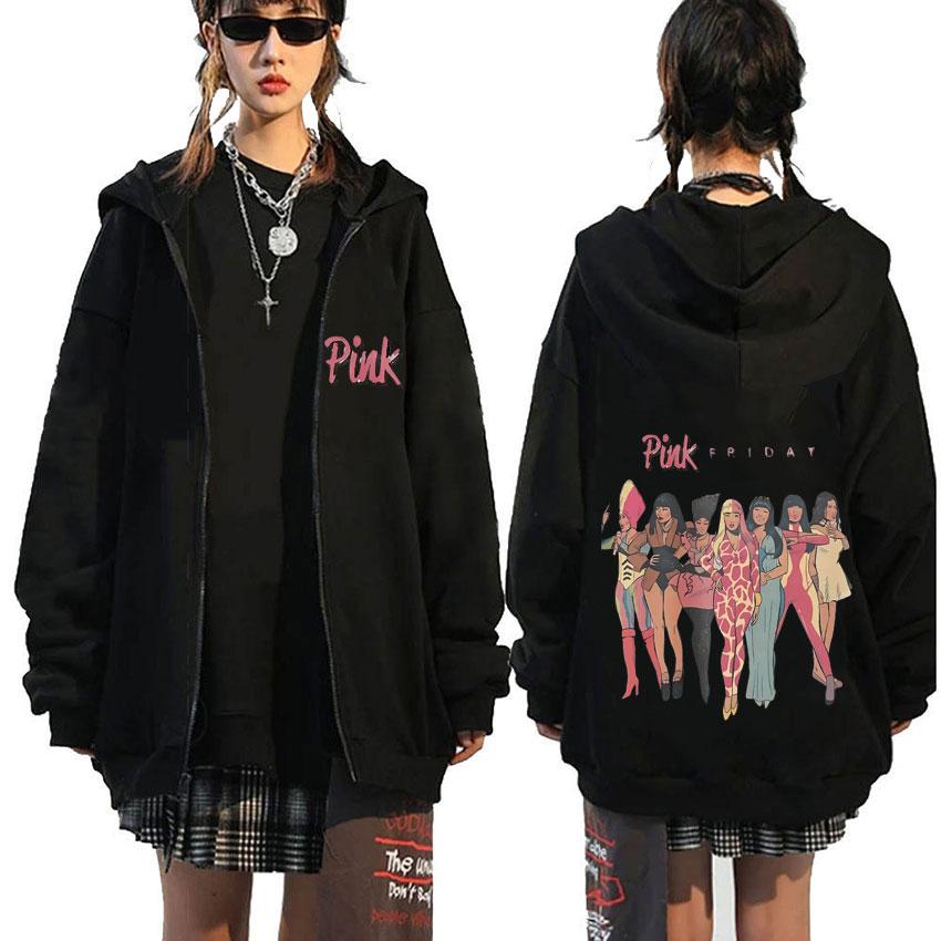 ראפרית ניקי מינאז' Pink Friday 2 סיבוב הופעות עולמי קפוצ'ון עם רוכסן גרפי לגברים ונשים אופנה היפ הופ קפוצ'ון עם רוכסן
