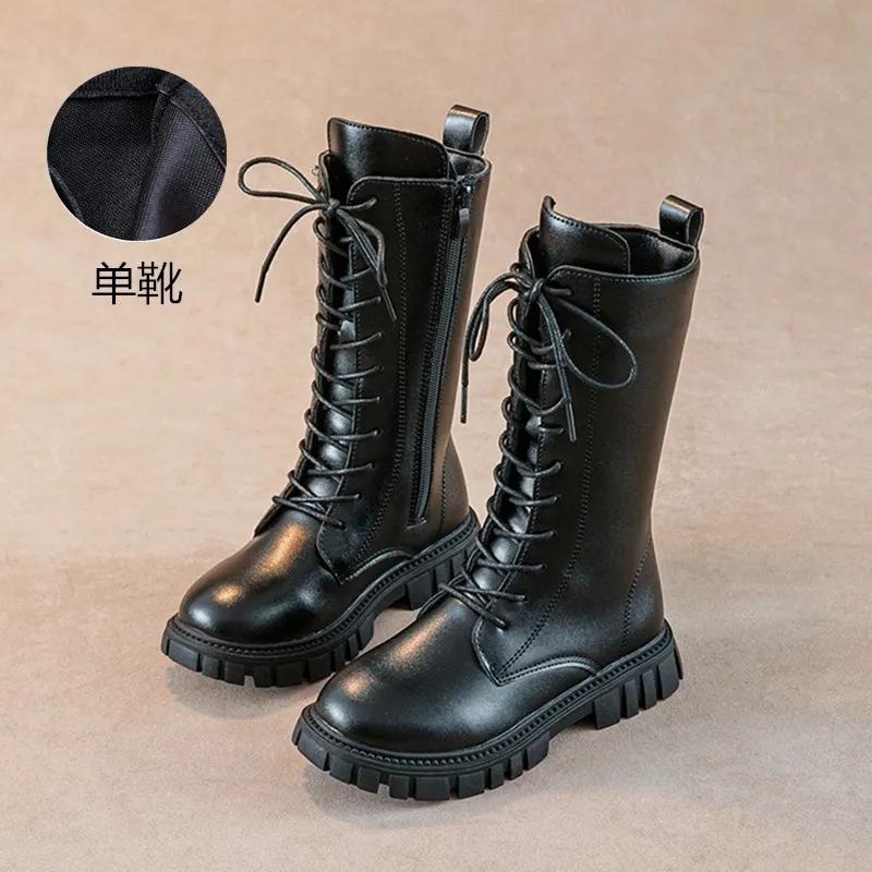 

Girls Boots Autumn Winter British Style Lace Up Long Boots Solid Color Princess Leather Boots Plus Velvet Kids Knight Boot 27-insole16.5cm чёрный