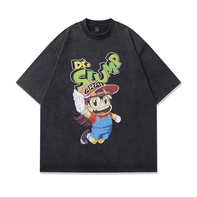 Harajuku Anime Print Washed Old Short-Sleeved T-Shirt Men'S American Retro Ins Street Tide Brand Casual Base