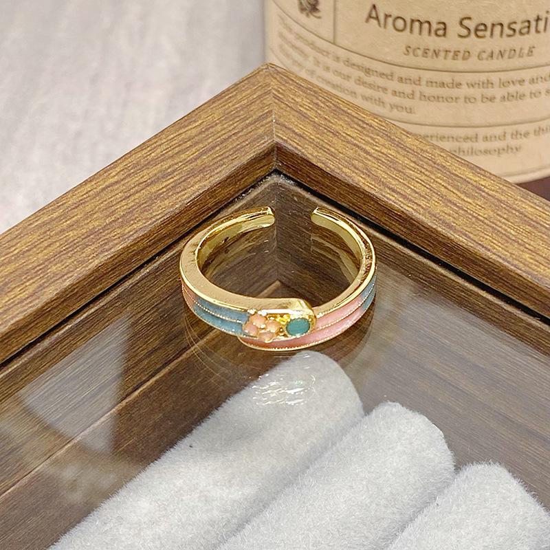 Medieval Vintage Colored Enamel Flower Butterfly Opening Ring Female Retro Niche High-End Light Luxury Ring