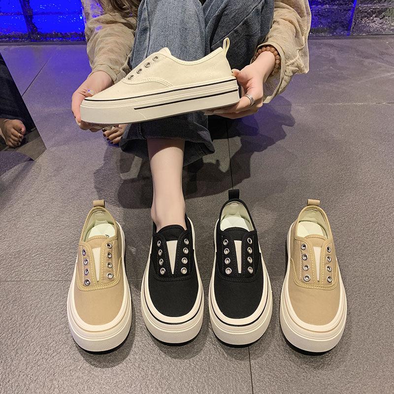 Thick-soled one-pedal canvas shoes for women's 2025 spring new versatile casual no-lace-up, not tired feet, white shoes, board shoes