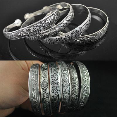 New Retro Cuff Bracelets Tibetan Silver Metal Carving Fish Elephant Flower Bangles Vintage Gypsy Jewelry Female Gifts