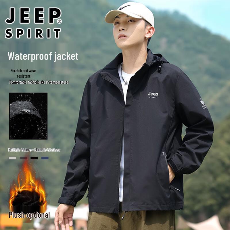 JEEP SPIRIT Men s Autumn/Winter Fleece-Lined Hooded Windbreaker Jacket L