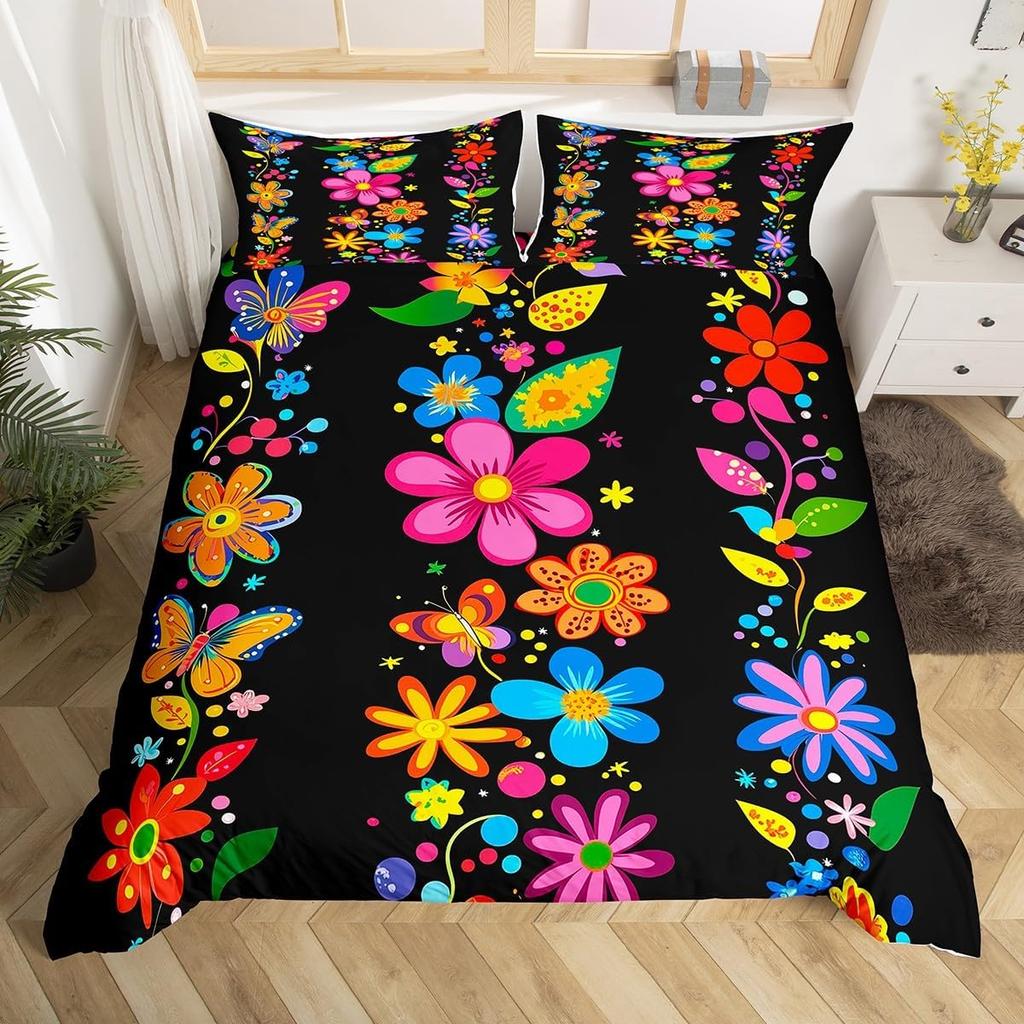70er Jahre Retro Hippie Bettwäsche Set Groovy Blumen Bettbezug Full Queen für Erwachsene Teenager Boho Vintage Psychedelisch Floral Bettbezug