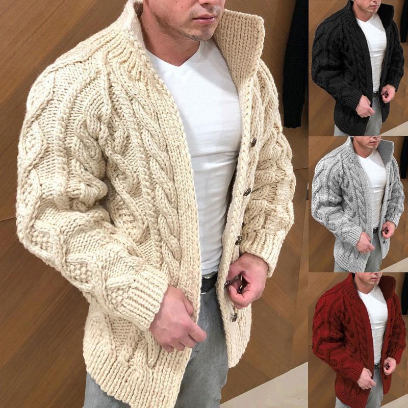 Men's Sweater Cardigan Heavy Duty Long Sleeve Standing Collar Twisted Jacquard Casual Men's Wear