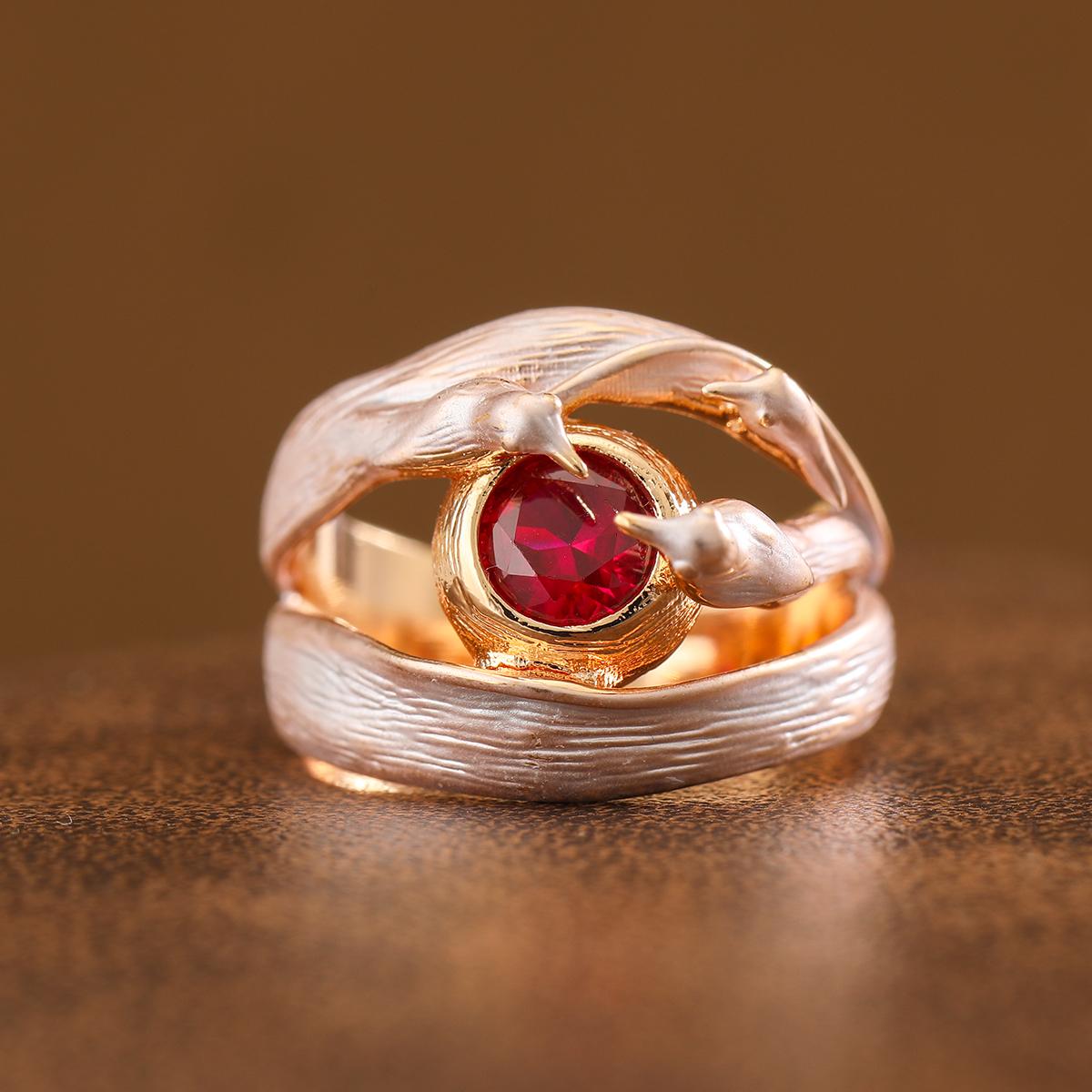 Eleganter Stil Dreidimensionale Vogelform Rote Synthetische Edelsteinringe Kupfer Damen Schmuckringe, Für Bankett Und Alltag 10 brown
