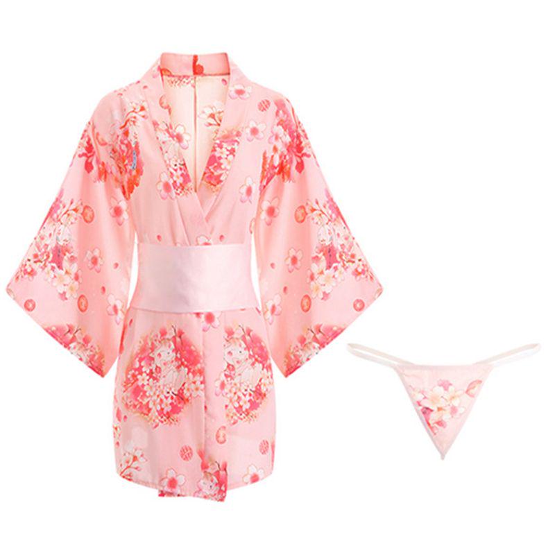 Women Erotic Lingerie Japanese Sakura Cat Kimono Bathrobe Anime Cosplay