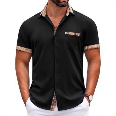 Men's Summer Casual Button Down Shirt Fashion with Plaid Trim Pocket Detail Short Sleeve