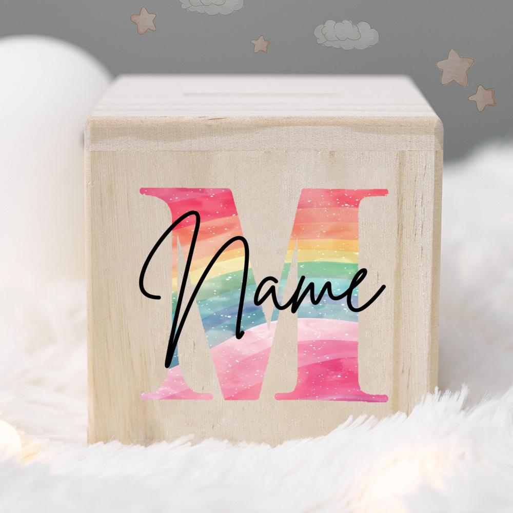 Personalized Money Box Kids Money Boxes Rainbow Letter with Name Coin Collection Box Wooded Coin Bank Child Birthday Shower Gift