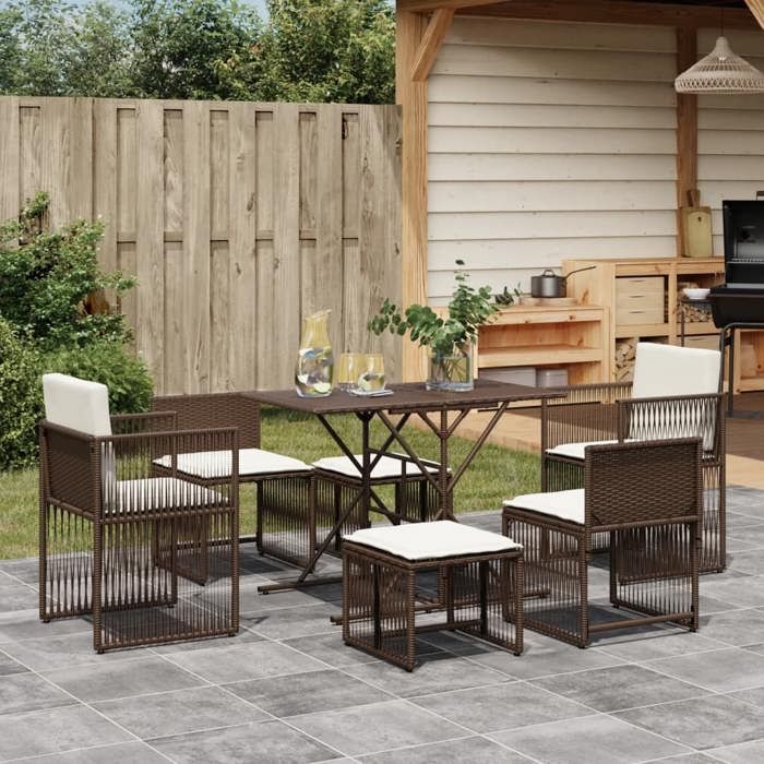 VidaXL Ensemble à manger de jardin et coussins 7 pcs marron rotin, ensemble à manger d'extérieur, meuble à manger de jardin, 369010