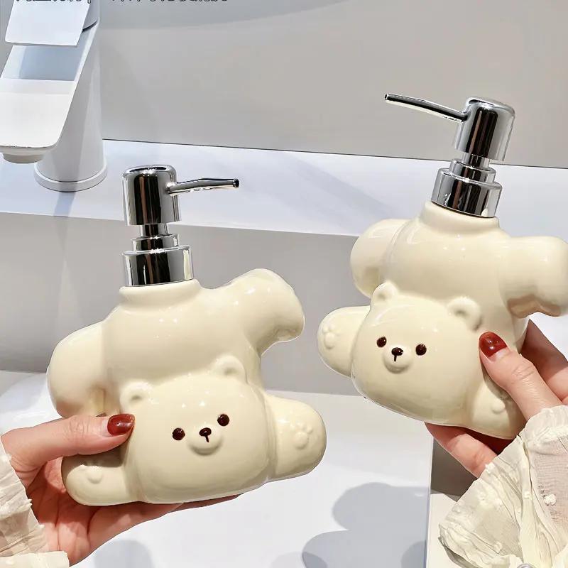 400ml Soap Dispenser Cute Little White Bear Ceramic Lotion Hand Wash Bottle Toilet Shampoo Dispensing Press Bottle Dispenser