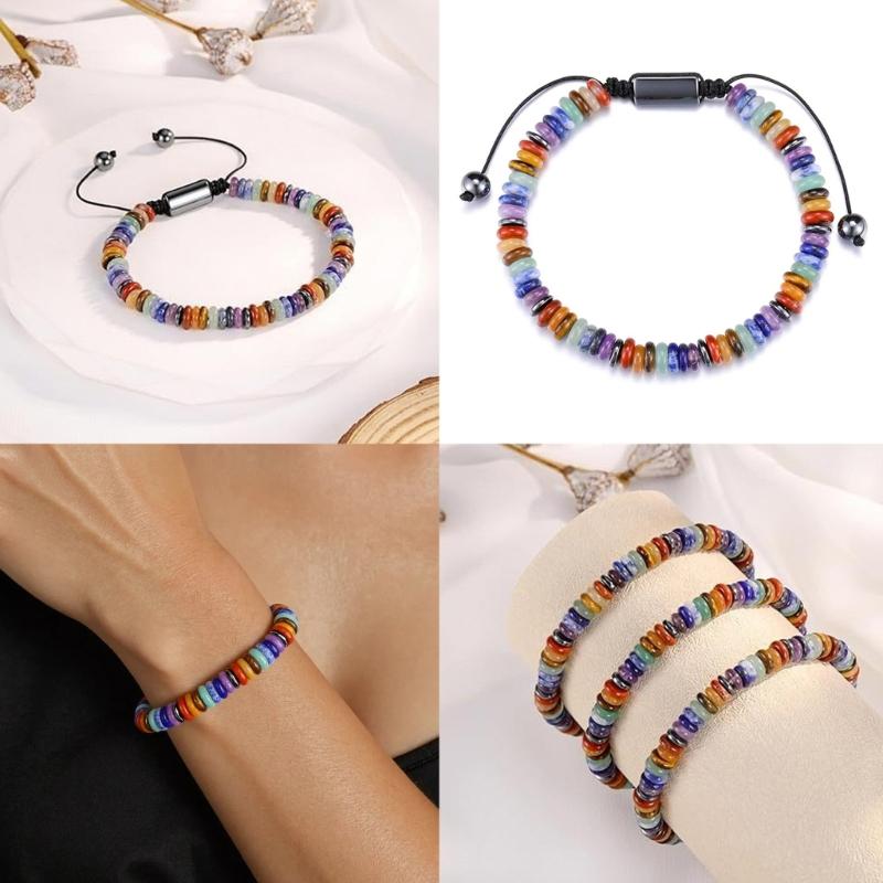 Handmade Multicolor Natural Stone Flying Disc Beaded Bracelet Lightweight Adjustable Jewelry For Women Men