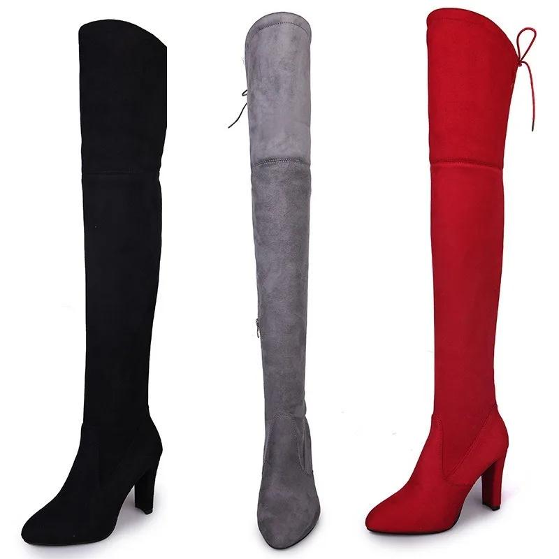 Women Over The Knee Boots Botas Mujer Invierno New Woman In Stretch Fabrics High Heel Slip On Shoes Pointed Toe Long Botte Femme