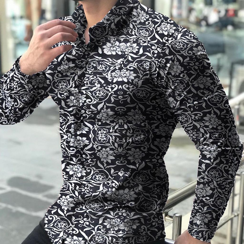 Men's Floral Print Long Sleeve Shirt, Slim Fit, Trendy Casual Wear