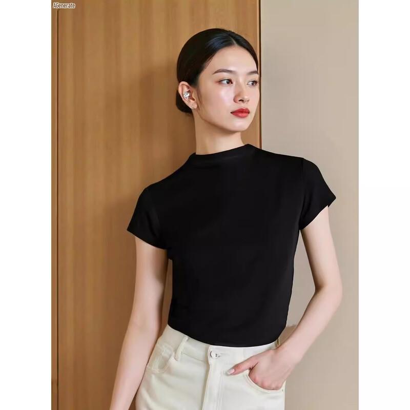 Basic House Women's Slim-Fit Tencel Wool Semi-High Neck Short Sleeve T-Shirt