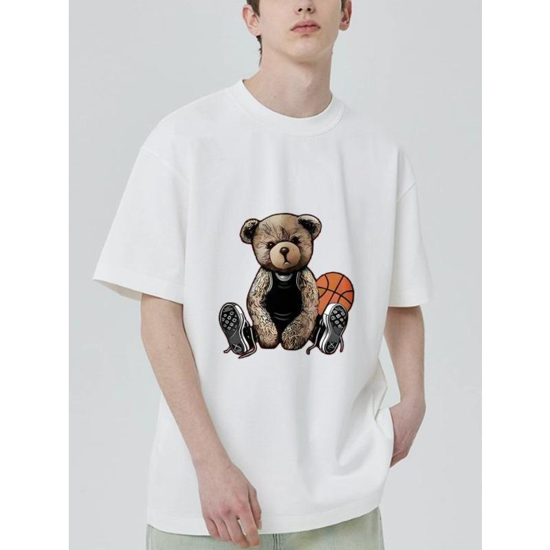 Crewneck T Shirt Black Bear Basketball and Sneakers Print Casual Streetwear for Men and Women