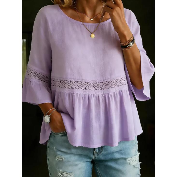 2026 Spring/Summer Fashion Women's Solid Color Round Neck Ruffle Sleeve Casual Top