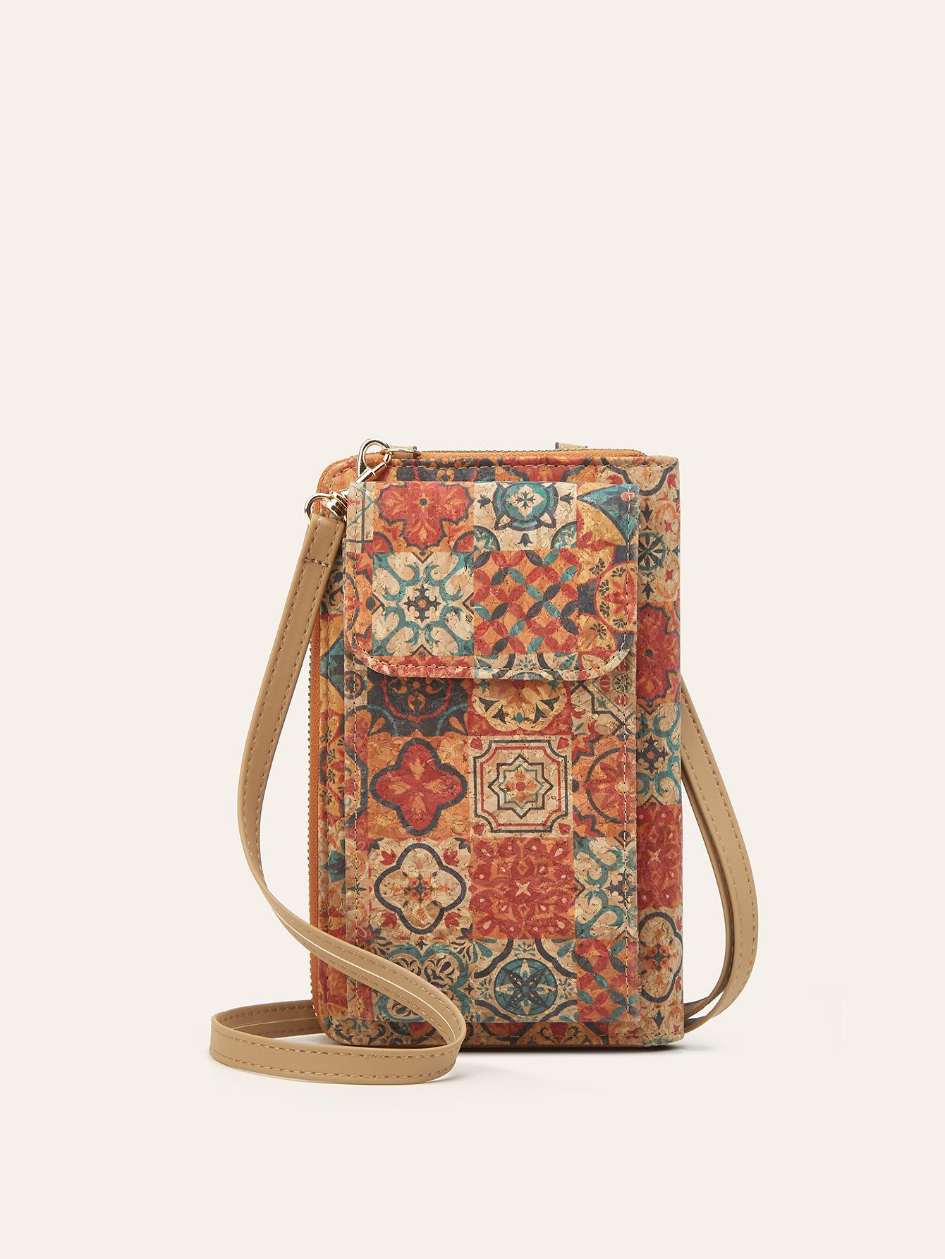 Multi-layer wallet, mobile phone bag, portable student card bag, exotic multi-element retro printing, ethnic style oblique span