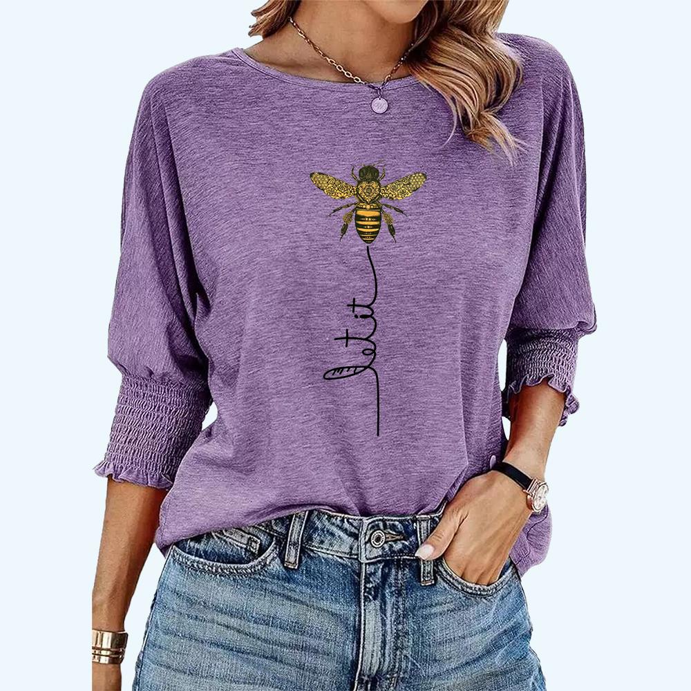 Plus Size Women's Fashion Round Neck Tee Shirt Spring&summer Casual Bee Print Loose T-Shirt
