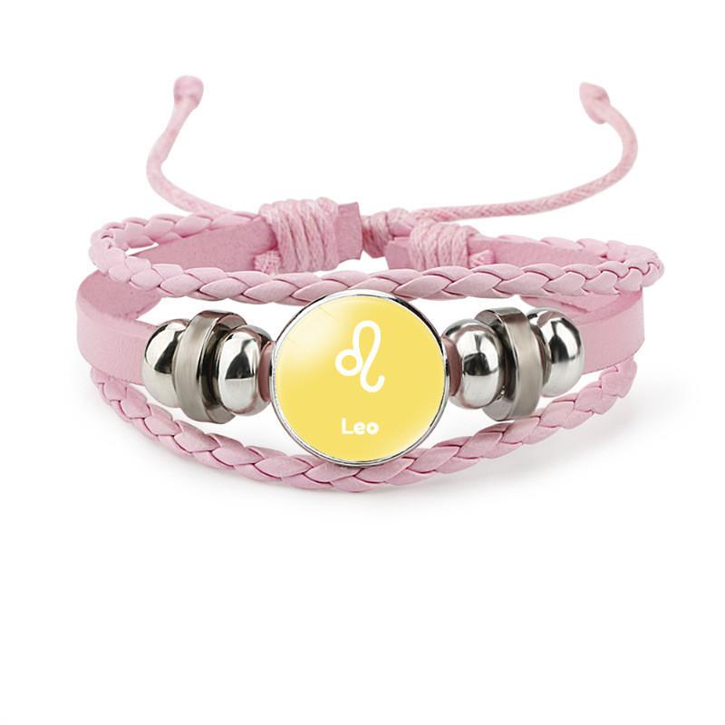 Trendy Pink Leather Braided Bracelet With Zodiac Time Gemstone For Men And Women
