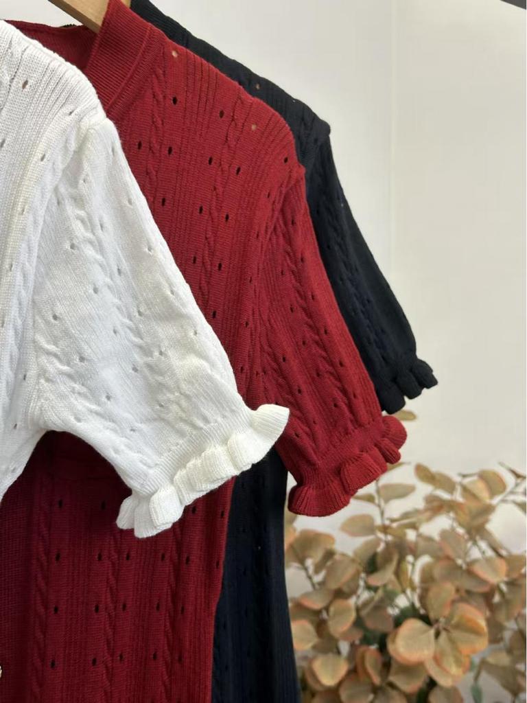 Modern Cross-Border Knitted Split Dress: Short-Sleeve, Hollow-Out, Single-Breasted, Waist-Cinching, Slimming Design