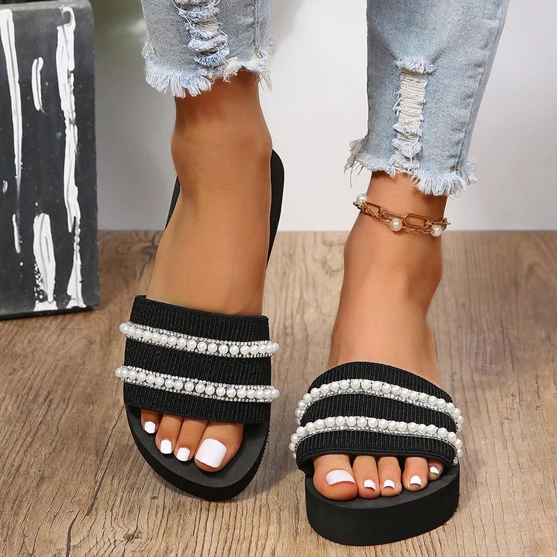 Fashion Pearls To Decorate Slippers Woman Summer Wedge High Heel Sandals for Women Daily Lightweight Soft Bottom Non Slip Slides Mujer