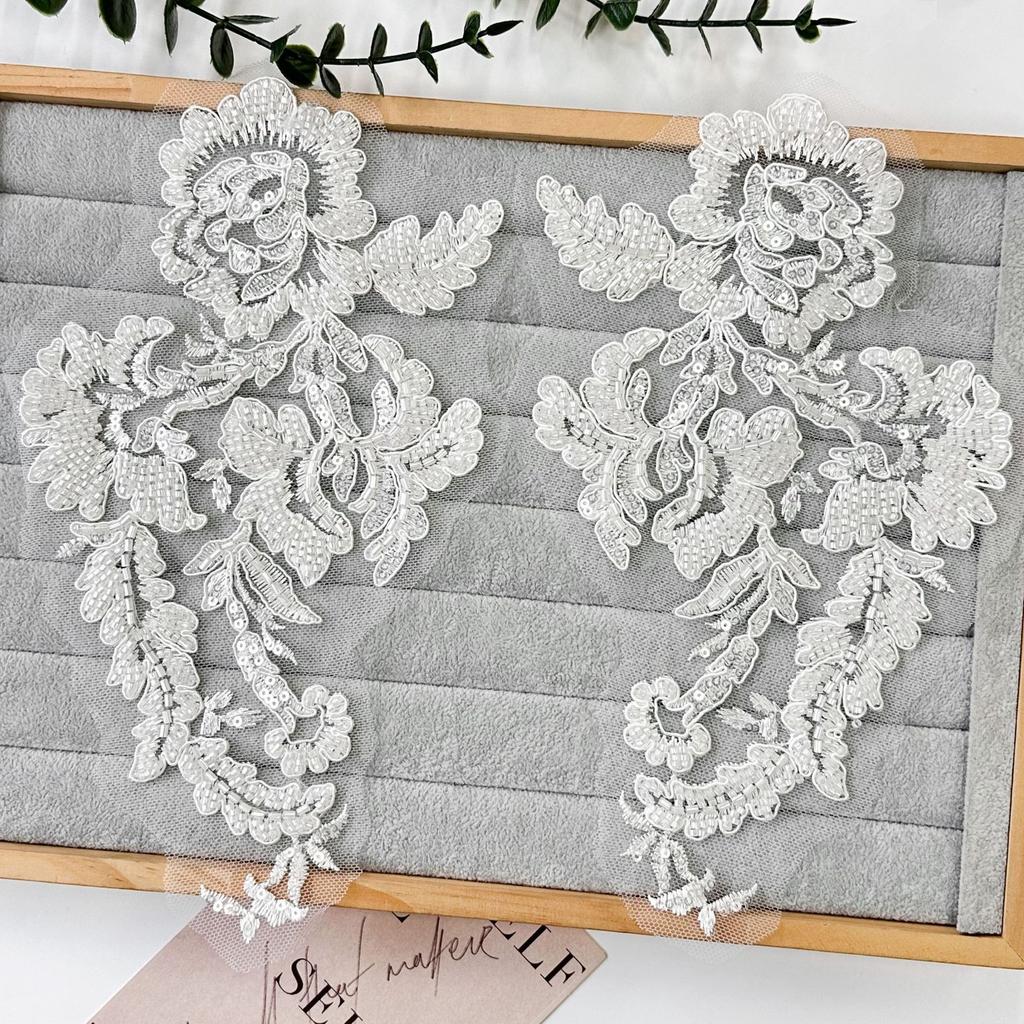 White Handmade Beads Car Bone Flower Exquisite Embroidery Applique Cheongsam Wedding Dress Pair Flower Decoration Accessories Cloth Sticker