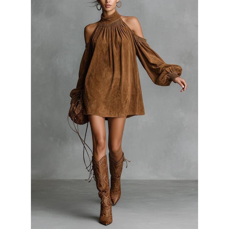 European And American Style Fashion Temperament Semi-Turtleneck Neck Dress Suede Lantern Sleeves Off-The-Shoulder Mini-Skirt S верблюд