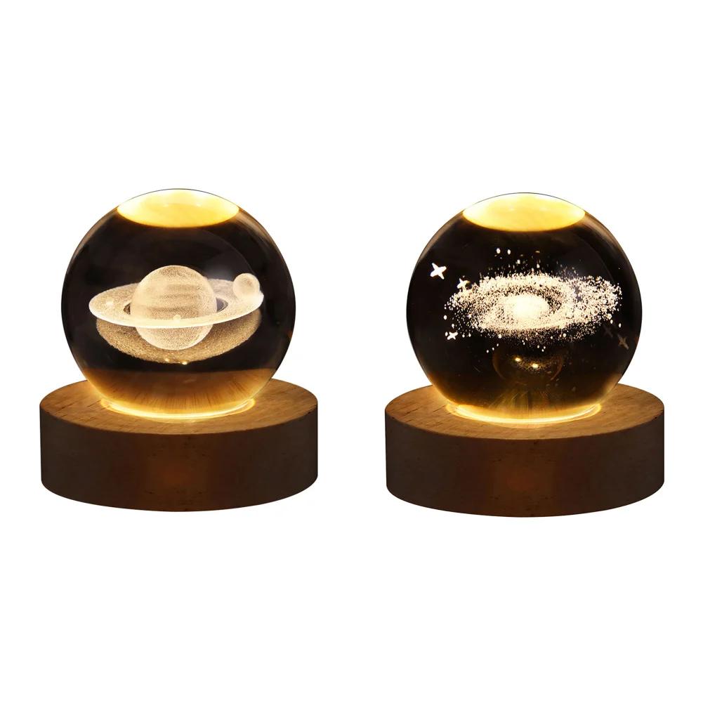 LED Crystal Ball Lamp Milky Way System Crystal Ball Glowing Solar System Crystal Ball with Wooden Base Glass Planet Nightlight