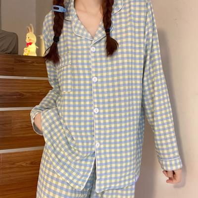 Damen Pyjama Neu Herbst Frühling Langarm Weiches Schlafanzug-Set Karo Cartoon Pyjama Frau Haus Nachtwäsche Set Strickjacke