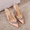 24H1 high heels women's high-end sense thin heel temperament fashion nude not tired feet pointed rhinestones empty shoes