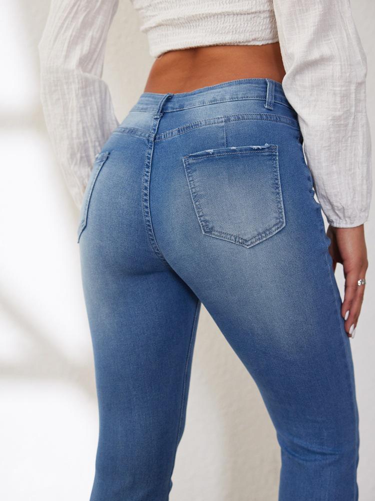 Women's 2025 European & American High-Waisted Ripped Micro-Flare Slim-Fit Jeans