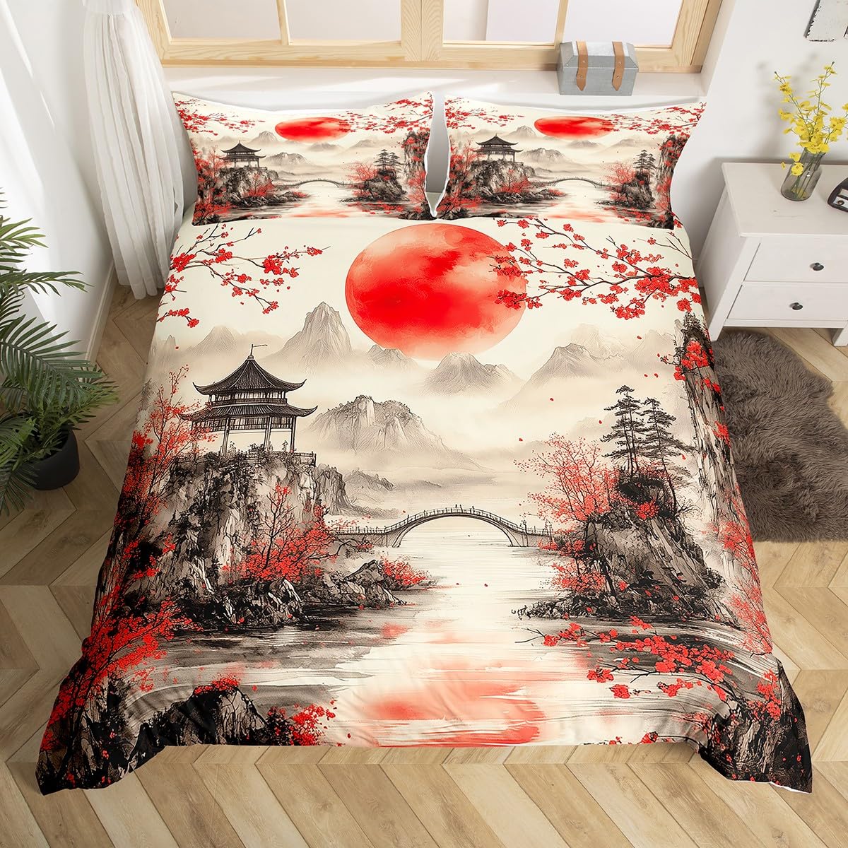 

Японский Пейзаж Комплект Пододеяльников Для Подростков Взрослых Королева Пододеяльники Легкий Пуховый 2 Наволочки 1 Пододеяльник Без Одеяла EU Single(135x200cm)