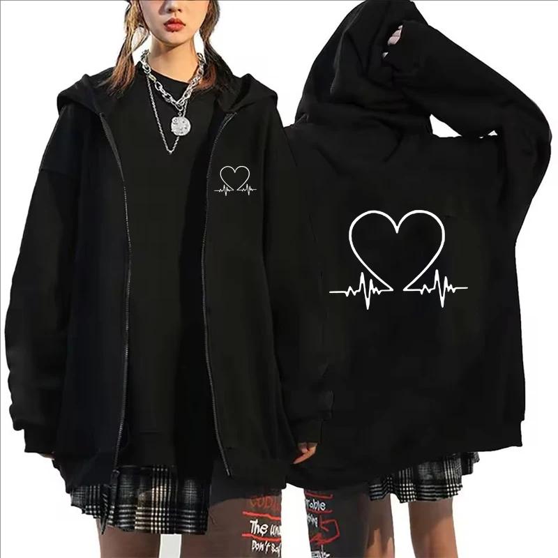 Women Heartbeat Printed Zipper Hoodie Autumn Winter Women Outdoor Sports Fashion Simple Long Sleeve Fleece Sweatshirts