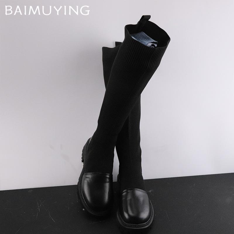 Winter Chunky Women High Boots Knitting Mid Heels Designer Shoes 2025 New Trend Classic Goth Knee High Motorcycle Botas De Mujer