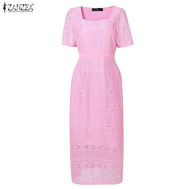 ZANZEA Women Square Collar Summer Casual Short Sleeve Patchwork Lace Dress