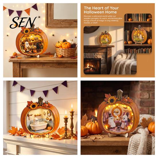 Solid Wood Autumn Home Accents Halloween Ghost Pumpkin Tabletop Sign, Wooden House with Mini Tiered Tray Ornaments Scene, Fall Harvest Desktop