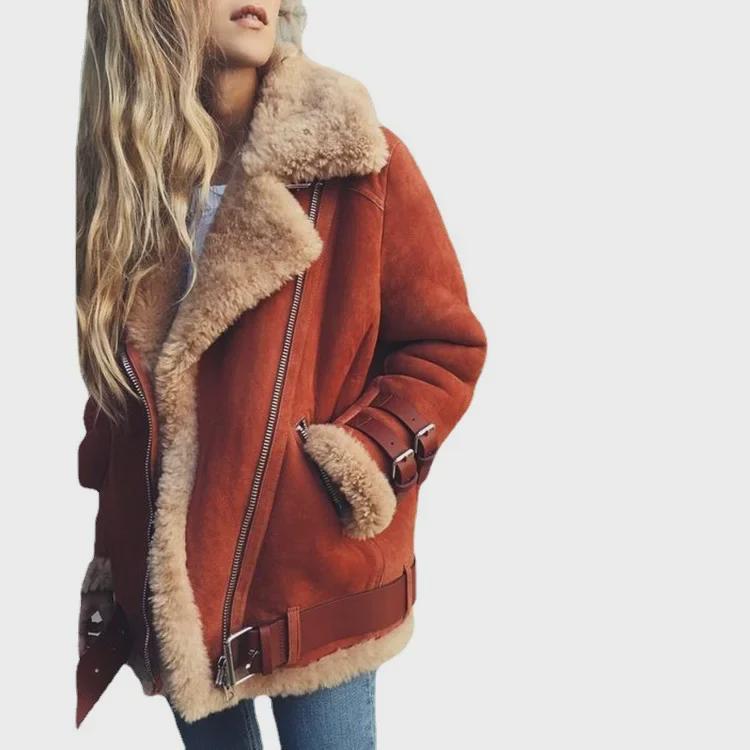 Women's Motorcycle Deerskin Lamb Wool Lapel Fur Cotton Coat