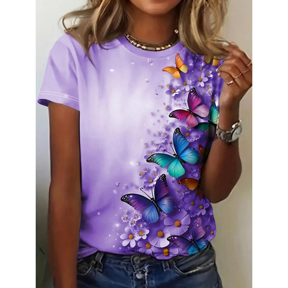 2026 New Summer Women s Round Neck 3D Printed T-Shirt Butterfly Graphics Fashion Short Sleeve Top M