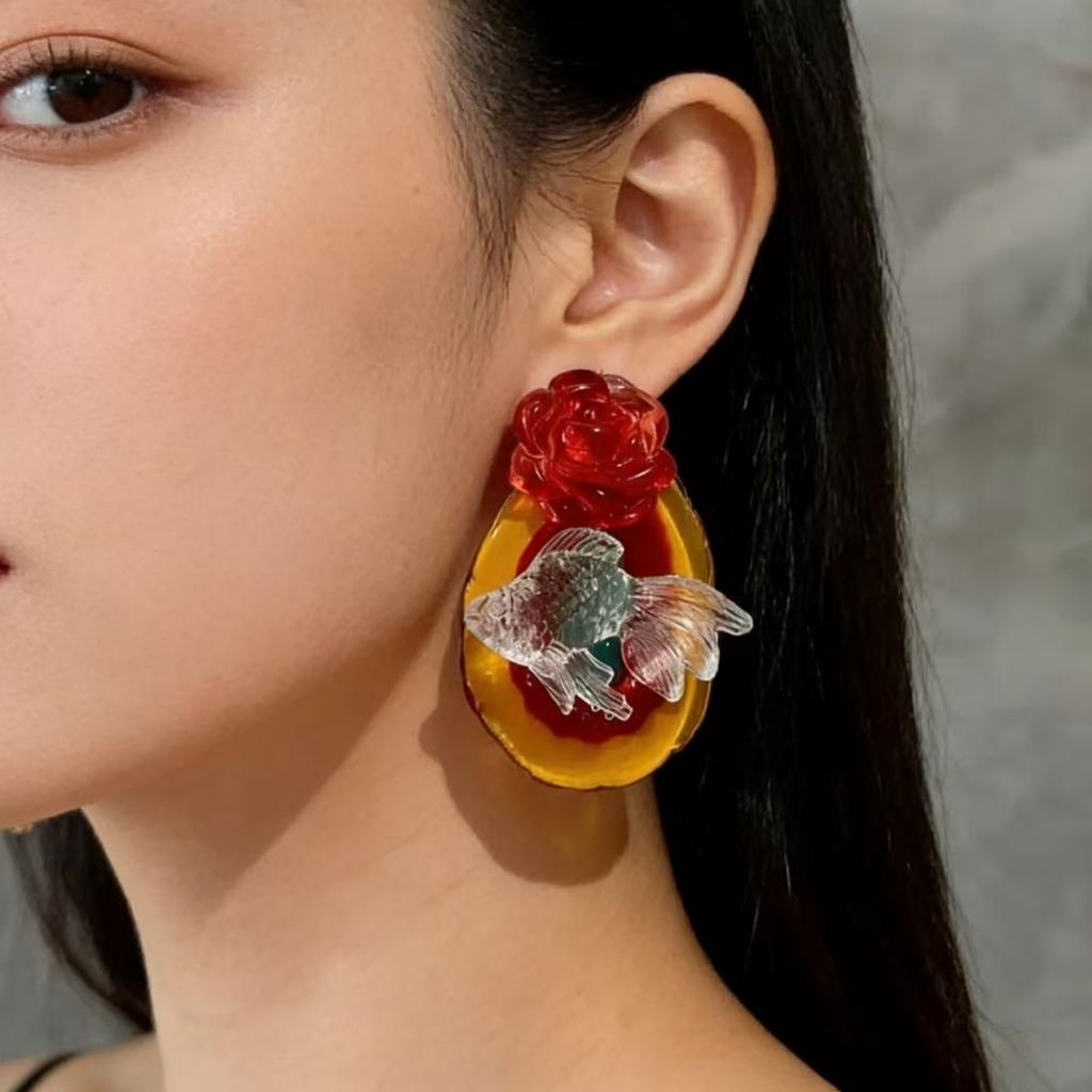 Special Feeling Resin Rose Summer Transparent Goldfish Exaggerated Shape Women's Earrings