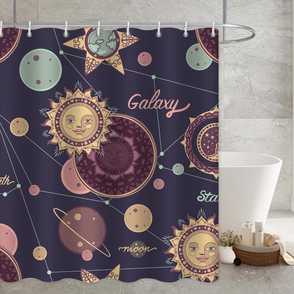 Black Mysticism Shower Curtain Liner Sun and Moon Modern Waterproof Bathroom Curtains Accessories with 12 Hooks Bathtub Curtain