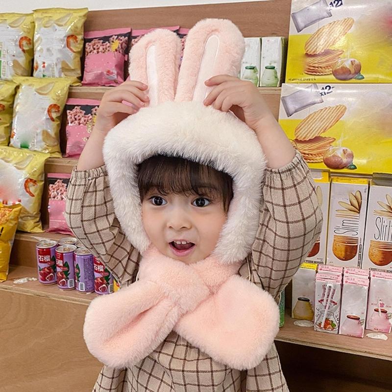 Kids Winter Hat Warm Plush Scarf Hats Thick Earflap Hooded Caps with Rabbit Ears Decoration for Boys Girls Ages 3-8