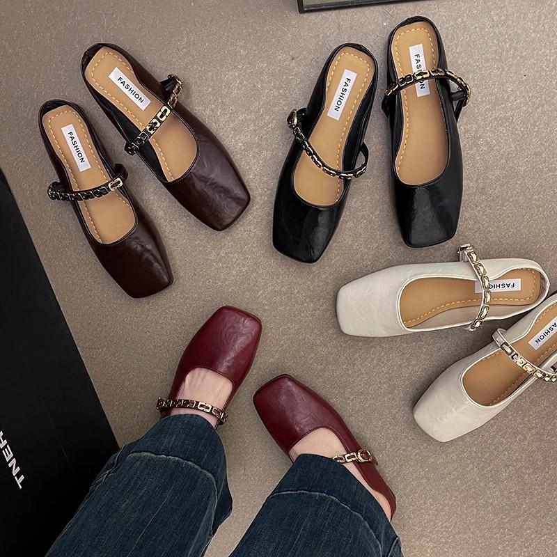 Francouzská taška hlava poloviční pantofle dámská vnější obuv 2025 jaro a léto nové korejská verze čtvercová hlava plochá podrážka jeden pedál Mary Jane jediné boty