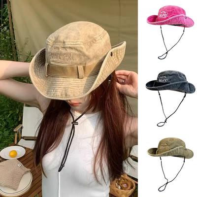 Vintage Washed Western Cowboy Hats Outdoor Mountaineering Windproof Sunshade Fisherman Caps Drawstring Adjustable Sun Hats