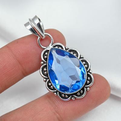 Topaze bleue pierre précieuse en argent sterling 925, bijoux faits à la main, pendentif en argent délicat